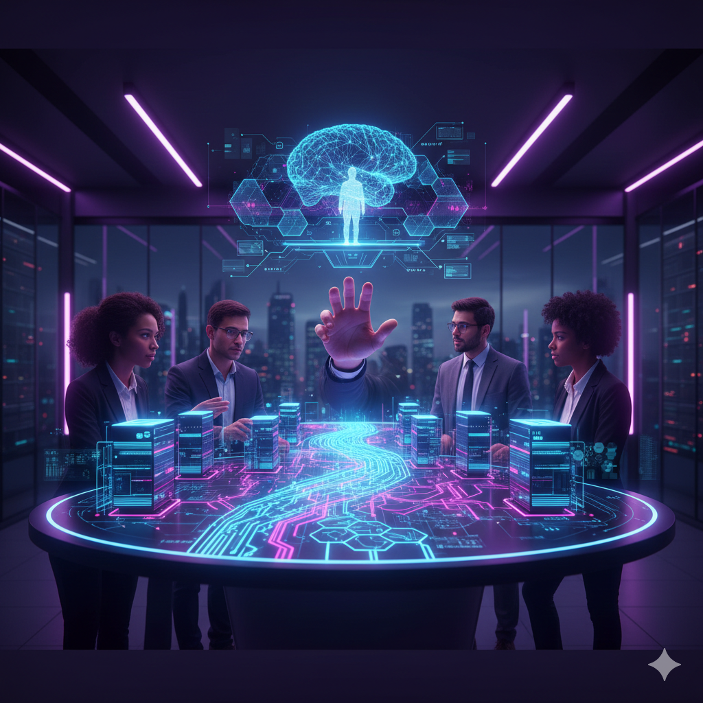 D&eacute;ploiement - &Eacute;quipe autour d'une table holographique